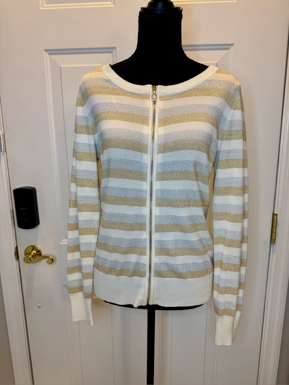 Black Rivet Cream & Gold Striped Zip Cardigan